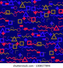 Seamless Memphis Pattern. Abstract Color Texture with Lines and Geometric Figures for Print, Fabric, Textile.  Trendy Seamless Multicolor Background in Memphis Style for your Design. Vector.
