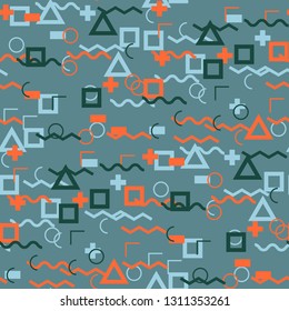 Seamless Memphis Pattern. Abstract Color Texture with Lines and Geometric Figures for Wallpaper, Print, Cotton. Retro Seamless Multicolor Background in Memphis Style for your Design. Vector.