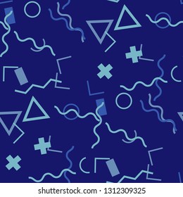 Seamless Memphis Pattern. Abstract Color Texture with Lines and Geometric Figures for Print, Cloth, Textile. Vintage Seamless Multicolor Background in Memphis Style for your Design. Vector.
