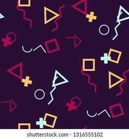 Seamless Memphis Pattern. Abstract Color Texture with Lines and Geometric Figures for Calico, Print, Textile. Trendy Seamless Multicolor Background in Memphis Style for your Design. Vector.