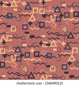 Seamless Memphis Pattern. Abstract Color Texture with Lines and Geometric Figures for Chintz, Curtain, Paper. Retro Seamless Multicolor Background in Memphis Style for your Design. Vector.