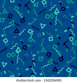 Seamless Memphis Pattern. Abstract Color Texture with Lines and Geometric Figures for Wallpaper, Print, Textile. Vintage Seamless Multicolor Background in Memphis Style for your Design. Vector.