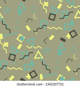 Seamless Memphis Pattern. Abstract Color Texture with Lines and Geometric Figures for Print, Fabric, Textile.  Trendy Seamless Multicolor Background in Memphis Style for your Design. Vector.