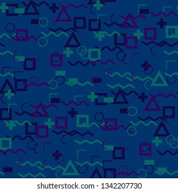 Seamless Memphis Pattern. Abstract Color Texture with Lines and Geometric Figures for Cotton, Calico, Textile. Retro Seamless Multicolor Background in Memphis Style for your Design. Vector.