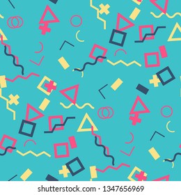 Seamless Memphis Pattern. Abstract Color Texture with Lines and Geometric Figures for Wallpaper, Print, Textile. Trendy Seamless Multicolor Background in Memphis Style for your Design. Vector.