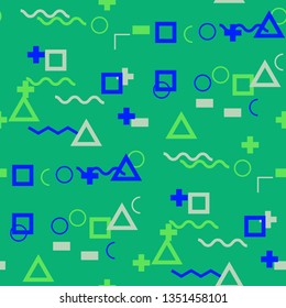 Seamless Memphis Pattern. Abstract Color Texture with Lines and Geometric Figures for Wallpaper, Fabric, Print. Trendy Seamless Multicolor Background in Memphis Style for your Design. Vector.