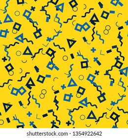 Seamless Memphis Pattern. Abstract Color Texture with Lines and Geometric Figures for Wallpaper, Fabric, Print. Trendy Seamless Multicolor Background in Memphis Style for your Design. Vector.