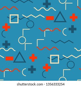 Seamless Memphis Pattern. Abstract Color Texture with Lines and Geometric Figures for Cotton, Calico, Textile. Vintage Seamless Multicolor Background in Memphis Style for your Design. Vector.