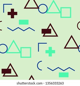 Seamless Memphis Pattern. Abstract Color Texture with Lines and Geometric Figures for Dress, Paper, Tablecloth. Vintage Seamless Multicolor Background in Memphis Style for your Design. Vector.