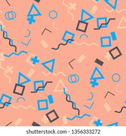 Seamless Memphis Pattern. Abstract Color Texture with Lines and Geometric Figures for Print, Fabric, Textile. Trendy Seamless Multicolor Background in Memphis Style for your Design. Vector.