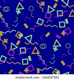 Seamless Memphis Pattern. Abstract Color Texture with Lines and Geometric Figures for Wallpaper, Fabric, Print. Vintage Seamless Multicolor Background in Memphis Style for your Design. Vector.