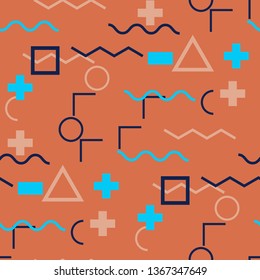 Seamless Memphis Pattern. Abstract Color Texture with Lines and Geometric Figures for Cotton, Print, Textile. Trendy Seamless Multicolor Background in Memphis Style for your Design. Vector.