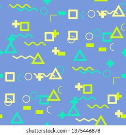 Seamless Memphis Pattern. Abstract Color Texture with Lines and Geometric Figures for Cotton, Print, Textile. Vintage Seamless Multicolor Background in Memphis Style for your Design. Vector.