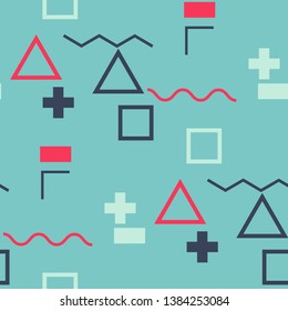 Seamless Memphis Pattern. Abstract Color Texture with Lines and Geometric Figures for Cotton, Print, Textile. Trendy Seamless Multicolor Background in Memphis Style for your Design. Vector.