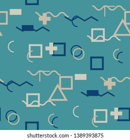 Seamless Memphis Pattern. Abstract Color Texture with Lines and Geometric Figures for Dress, Paper, Tablecloth. Retro Seamless Multicolor Background in Memphis Style for your Design. Vector.