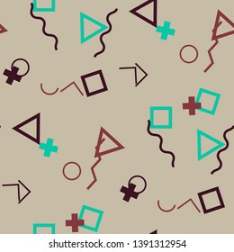 Seamless Memphis Pattern. Abstract Color Texture with Lines and Geometric Figures for Cotton, Print, Textile. Retro Seamless Multicolor Background in Memphis Style for your Design. Vector.