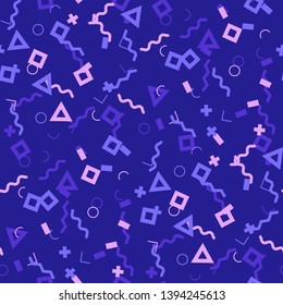 Seamless Memphis Pattern. Abstract Color Texture with Lines and Geometric Figures for Wallpaper, Cotton, Textile. Trendy Seamless Multicolor Background in Memphis Style for your Design. Vector.