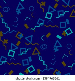 Seamless Memphis Pattern. Abstract Color Texture with Lines and Geometric Figures for Print, Fabric, Cloth. Trendy Seamless Multicolor Background in Memphis Style for your Design. Vector.