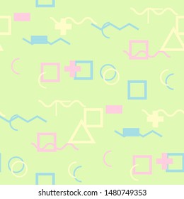 Seamless Memphis Pattern. Abstract Color Texture with Lines and Geometric Figures for Print, Cloth, Textile. Retro Seamless Multicolor Background in Memphis Style for your Design. Vector.