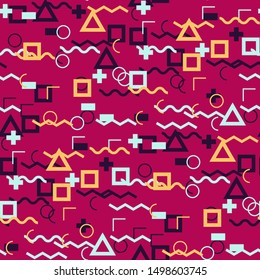 Seamless Memphis Pattern. Abstract Color Texture with Lines and Geometric Figures for Fabric, Cloth, Textile. Vintage Seamless Multicolor Background in Memphis Style for your Design. Vector.