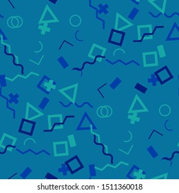 Seamless Memphis Pattern. Abstract Color Texture with Lines and Geometric Figures for Cotton, Print, Textile. Vintage Seamless Multicolor Background in Memphis Style for your Design. Vector.