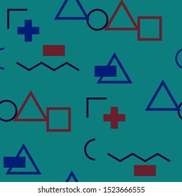 Seamless Memphis Pattern. Abstract Color Texture with Lines and Geometric Figures for Dress, Paper, Tablecloth. Retro Seamless Multicolor Background in Memphis Style for your Design. Vector.