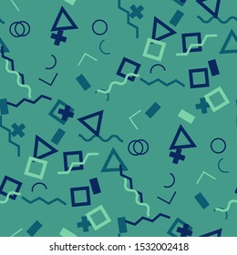 Seamless Memphis Pattern. Abstract Color Texture with Lines and Geometric Figures for Calico, Print, Textile. Trendy Seamless Multicolor Background in Memphis Style for your Design. Vector.