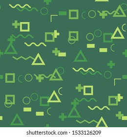 Seamless Memphis Pattern. Abstract Color Texture with Lines and Geometric Figures for Print, Fabric, Textile. Vintage Seamless Multicolor Background in Memphis Style for your Design. Vector.