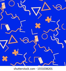 Seamless Memphis Pattern. Abstract Color Texture with Lines and Geometric Figures for Linen, Paper, Tablecloth. Modern Seamless Multicolor Background in Memphis Style for your Design. Vector.