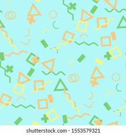 Seamless Memphis Pattern. Abstract Color Texture with Lines and Geometric Figures for Chintz, Curtain, Paper. Modern Seamless Multicolor Background in Memphis Style for your Design. Vector.