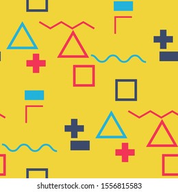 Seamless Memphis Pattern. Abstract Color Texture with Lines and Geometric Figures for Print, Fabric, Cloth. Retro Seamless Multicolor Background in Memphis Style for your Design. Vector.