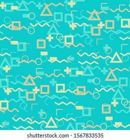 Seamless Memphis Pattern. Abstract Color Texture with Lines and Geometric Figures for Chintz, Curtain, Paper. Vintage Seamless Multicolor Background in Memphis Style for your Design. Vector.