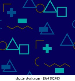 Seamless Memphis Pattern. Abstract Color Texture with Lines and Geometric Figures for Dress, Paper, Tablecloth. Retro Seamless Multicolor Background in Memphis Style for your Design. Vector.