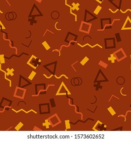 Seamless Memphis Pattern. Abstract Color Texture with Lines and Geometric Figures for Chintz, Curtain, Paper. Modern Seamless Multicolor Background in Memphis Style for your Design. Vector.