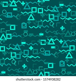 Seamless Memphis Pattern. Abstract Color Texture with Lines and Geometric Figures for Chintz, Curtain, Paper. Modern Seamless Multicolor Background in Memphis Style for your Design. Vector.