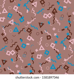 Seamless Memphis Pattern. Abstract Color Texture with Lines and Geometric Figures for Dress, Paper, Tablecloth. Retro Seamless Multicolor Background in Memphis Style for your Design. Vector.