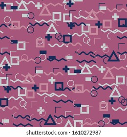 Seamless Memphis Pattern. Abstract Color Texture with Lines and Geometric Figures for Dress, Curtain, Tablecloth. Retro Seamless Multicolor Background in Memphis Style for your Design. Vector.