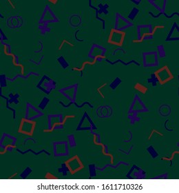 Seamless Memphis Pattern. Abstract Color Texture with Lines and Geometric Figures for Cotton, Print, Calico. Trendy Seamless Multicolor Background in Memphis Style for your Design. Vector.