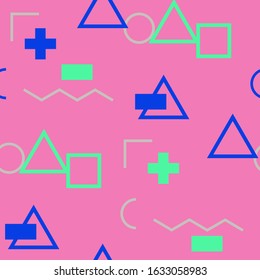 Seamless Memphis Pattern. Abstract Color Texture with Lines and Geometric Figures for Print, Fabric, Cloth. Retro Seamless Multicolor Background in Memphis Style for your Design. Vector.