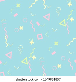 Seamless Memphis Pattern. Abstract Color Texture with Lines and Geometric Figures for Chintz, Linen, Wallpaper. Modern Seamless Multicolor Background in Memphis Style for your Design. Vector.