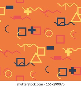 Seamless Memphis Pattern. Abstract Color Texture with Lines and Geometric Figures for Wallpaper, Fabric, Textile. Vintage Seamless Multicolor Background in Memphis Style for your Design. Vector.