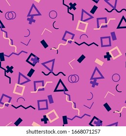 Seamless Memphis Pattern. Abstract Color Texture with Lines and Geometric Figures for Chintz, Linen, Paper. Trendy Seamless Multicolor Background in Memphis Style for your Design. Vector.