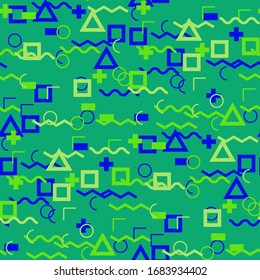 Seamless Memphis Pattern. Abstract Color Texture with Lines and Geometric Figures for Print, Fabric, Cloth. Trendy Seamless Multicolor Background in Memphis Style for your Design. Vector.