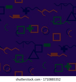 Seamless Memphis Pattern. Abstract Color Texture with Lines and Geometric Figures for Print, Cloth, Textile. Vintage Seamless Multicolor Background in Memphis Style for your Design. Vector.