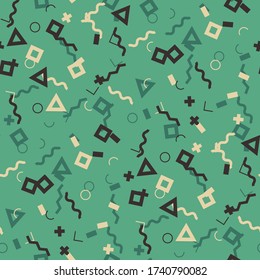 Patrón de Memphis sin soldadura. Textura de color abstracta con líneas y figuras geométricas para vestir, papel, mantel. Fondo Multicolor a la moda en estilo Memphis para su diseño. Vector.