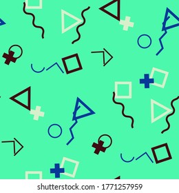 Nahtloses Memphis-Muster. Abstrakte Farbtextur mit Linien und geometrischen Figuren für Baumwolle, Druck, Calico. Angesagter, nahtloser mehrfarbiger Hintergrund im Memphis-Stil für Ihr Design. Vektorgrafik.