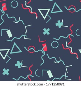 Seamless Memphis Pattern. Abstract Color Texture with Lines and Geometric Figures for Chintz, Linen, Paper. Modern Seamless Multicolor Background in Memphis Style for your Design. Vector.
