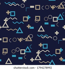 Seamless Memphis Pattern. Abstract Color Texture with Lines and Geometric Figures for Cotton, Print, Textile. Retro Seamless Multicolor Background in Memphis Style for your Design. Vector.
