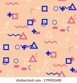 Seamless Memphis Pattern. Abstract Color Texture with Lines and Geometric Figures for Cotton, Print, Calico. Vintage Seamless Multicolor Background in Memphis Style for your Design. Vector.