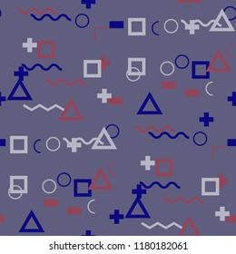 Seamless Memphis Pattern. Abstract Colorful Texture with Lines and Geometric Figures for Cotton, Print, Calico. Modern Seamless Multicolor Background in Memphis Style for your Design. Vector.